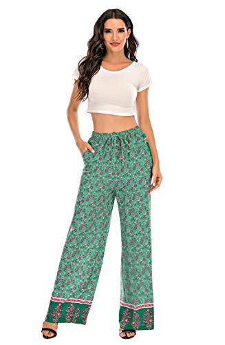 Love Welove Calça feminina de verão com elástico e cintura alta estampada Boho Hippie Palazzo Plus S