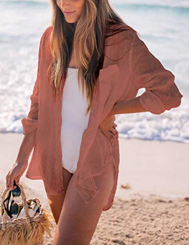 Image of Bsubseach Women Long Sleeve Beach Shirt Blouses Bathing Suit Cover Up Button Down Collar