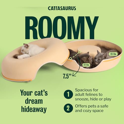 Image of Cattasaurus Peekaboo Cat Cave Donut for Multiple & Large Cats up to 30-45 lbs, 3-in-1 Self Warming Cat Bed, Tunnel & Scratcher for Indoor Cats, Washable & Detachable Dog Bed (Pastel Macaron, Large)
