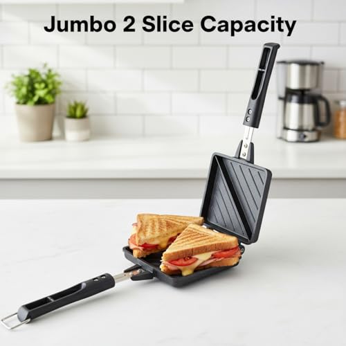 Image of Sandwich Maker for Gas Stove Non Stick | Jumbo 2 Slice Grill Sandwich Toaster | Crispy Toasted Bread Sandwich Maker | Heat Resistant Handle | Black (Jumbo 2-Cut Sandwich Toaster)