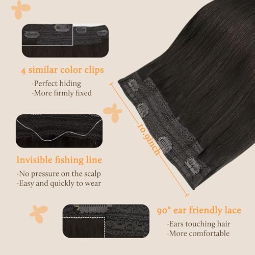 Image of DOORES Hair Extensions Real Human Hair, Dark Brown 22 Inch 120g, Wire Hair Extension Invisible Hairpiece Wire Extensions with Transparent Fish Line Straight Hair