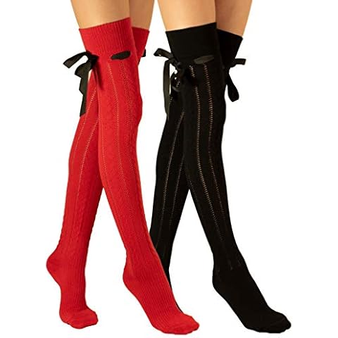 Molton Marley 2 Pack Over The Knee High Long Socks, Bow and Ribbon, Cotton Knit, Girls' and Women's, Made in Europe (Red, Black) Cover