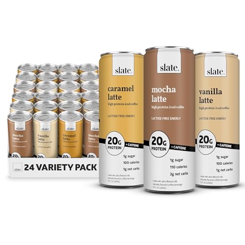 Image of Slate Milk - High Protein Iced Coffee - Energy Variety Pack - Caramel Latte, Mocha Latte, Vanilla Latte - 175mg Caffeine, Lactose Free - 20g Protein, 1g Sugar - Protein Coffee - 11 fl oz, 24 Cans