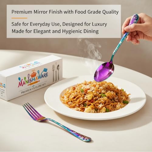 Image of Classic Rainbow 16 Pcs Stainless Steel Cutlery Set for Dining Table, Dishwasher Safe Glossy Flatware (Perfect Spoon Fork Set)