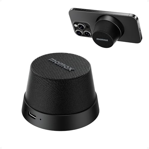 MOMAX Magnetic Bluetooth Speaker, Small Size, Multifunctional Cell Phone Stand Wireless Speaker with Strong Magnet for iPhone/Fridge/Workbench/Pole/Car/Bike/Golf Cart