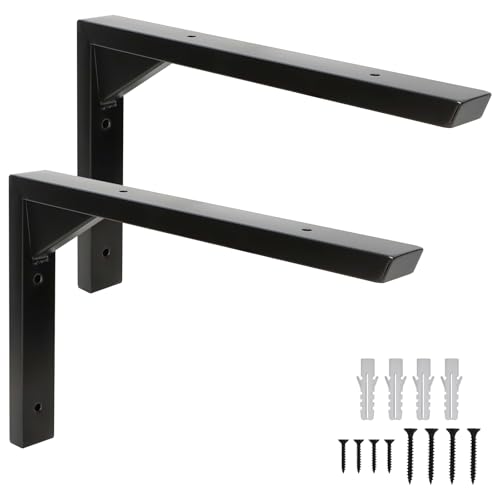 Terafeels L字型 吊り棚金具, 棚受けブラケット, 目立たない 棚補強用 ビス付属 アイアン製,棚うけ 金具 l字金具 (黒 2本 25cm)