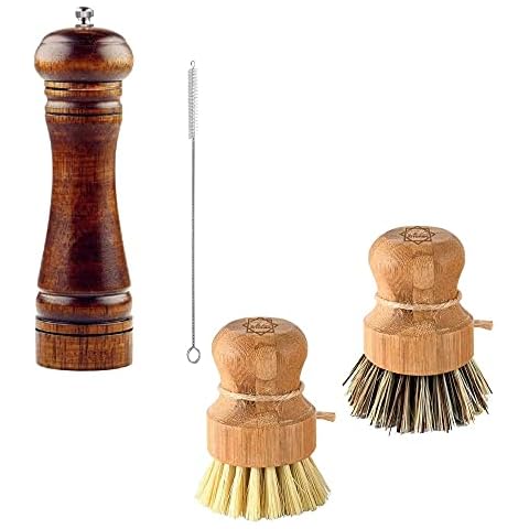 S & C Kitchen Value Bundle - Wooden Pepper Mill or Salt Mill & Scrub Brushes Bamboo 2PC Set Cover
