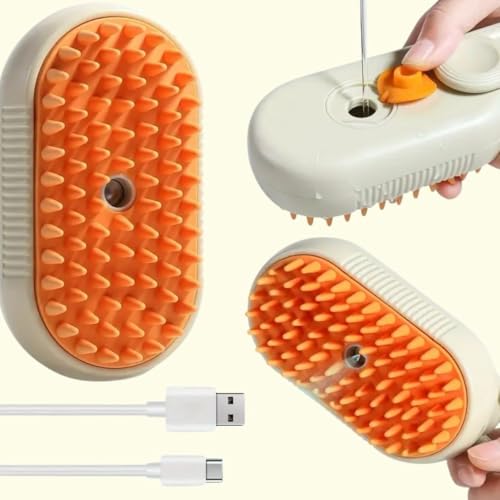 3-in-1 Steam Pet Brush for Cats & Dogs – Self-Cleaning Grooming Comb with Spray Mist, Massage & Shedding, Rechargeable USB, Anti-Static, Foldable Handle – Kakhi
