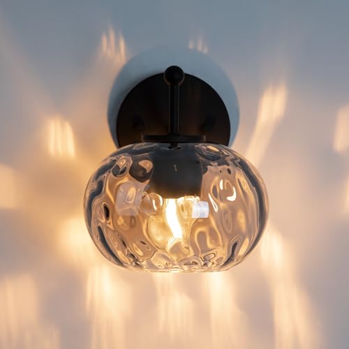Image of Matte Black Wall Sconce Light Smoked Hammered Glass Vanity Lighting Modern Grey Shade Wall Lamp for Bathroom Over Mirror