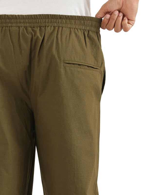 Image of SAADAA Men's 100% Cotton Pants | Mid-Rise Straight Fit Casual Trousers with Elastic Waistband and 3 Pockets | Everyday Wear