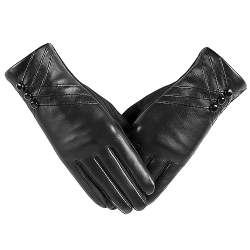 RSHHCXR Winter Leather Gloves for Women,With Touchscreen Texting Warm Cashmere Lining Windproof Suede Driving Gloves