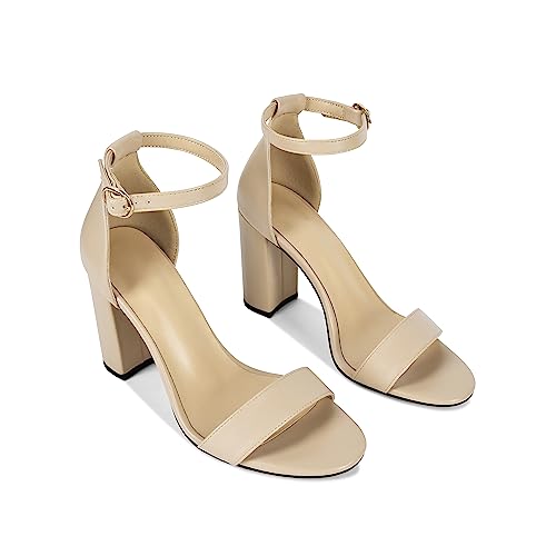 Fericzot Heels for Women Open Toe Ankle Strap Chunky High Heel Pumps Party Wedding Shoes Strappy Buckle Sandals 3.35 Inches4