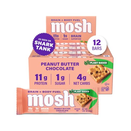 MOSH Peanut Butter Chocolate Plant Based Keto Protein Bars, High Protein, Gluten Free, Brain Healthy Snack with Ashwagandha, and Lion's Mane, 12 Count