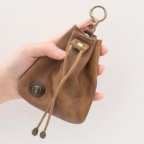 Coin Purse for Men Women, Leather Medieval Drawstring Coin Pouch Change Holder Wallet for Cash, Coins, Credit Cards, Car Keys (01-Dark Brown)4
