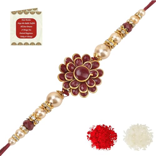 Image of Riddhika Ventures Alluring Gold Plated Floral and Pearl Rakhi (Bracelet) with Roli Chawal & Greeting Card