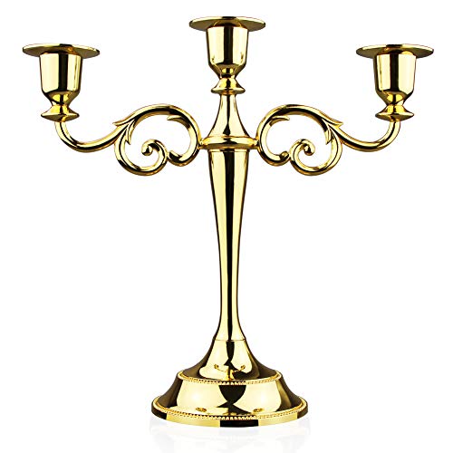 Viscacha 3-Candle Metal Candelabra – Candlesticks Holder for Formal Events, Wedding, Church, Holiday Décor, Halloween – Taper Candle Holder Stand Centerpiece Elegant Decoration Piece for Table,Gold