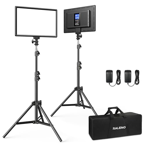 RALENO Candeeiro de vídeo LED, 2 pacotes de 384 LED, luz suave de transmissão de vídeo com tripé de 180 cm, suporte para telemóvel, bateria de 8000 mAh, bateria de 3200-5600 K, 0-100 %