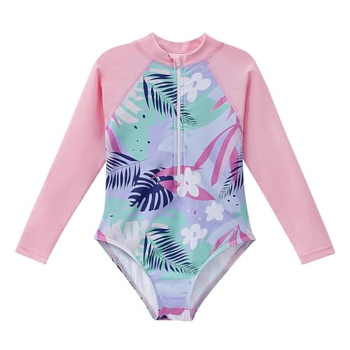 Image of Zando UPF50+ Girls Long Sleeve One Piece Swimsuit with Zipper - Rash Guard for Teens Toddler Kids 2-15 Years