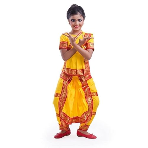Bharatnatyam Dance Dress Elegant and Traditional Costume for Girls and Women, Suitable for Ages 4 to Adult (Yellow, 24 (4-6 Years))