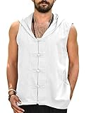 Gafeng Men's Linen Sleeveless Hoodies Summer Beach Casual Hippie Workout Muscle Frog Button Shirt Tank Tops White