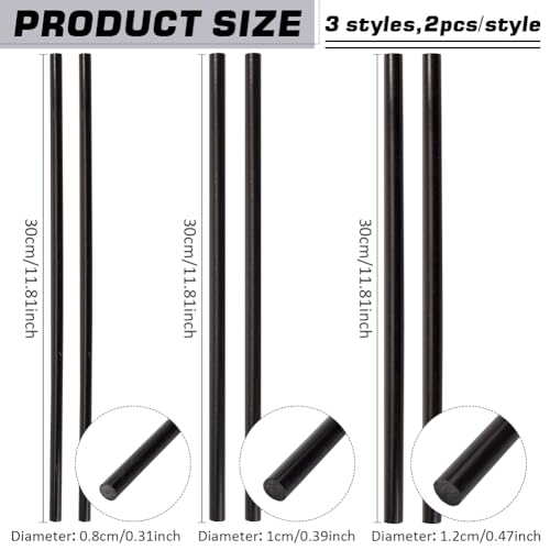 Image of BENECREAT 6Pcs 12 Inch Length Black Acetal Copolymer Rod, 0.3 Inch 0.4 Inch 0.47 Inch Diameter Round Acetal Rod Acetal Bar Dowel Rod, 2pcs /Size