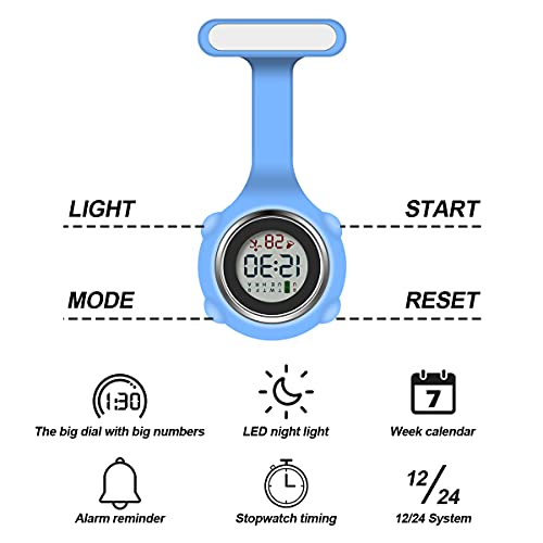 Vicloon Krankenschwester Uhren, Taschenuhr Digitaler mit Stecknadel, Quarzwerk, Nachts leuchten Silikonband, Multifunktion Geeignet für Ärzte und Krankenschwestern