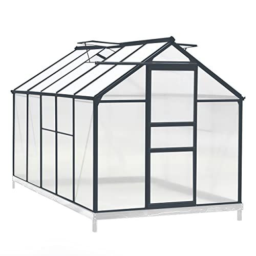 VEIKOU 6' x 10' Aluminum Greenhouse Kit for Outdoor, Walk-in Polycarbonate Garden Greenhouse for Plants in Winter with Heavy Duty Metal Frame, Adjustable Roof Vent and Sliding Door, Grey