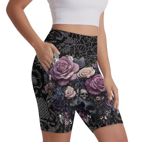 Dserfgiu Gothic Rose-Print Biker Shorts with Pockets and Tummy Control