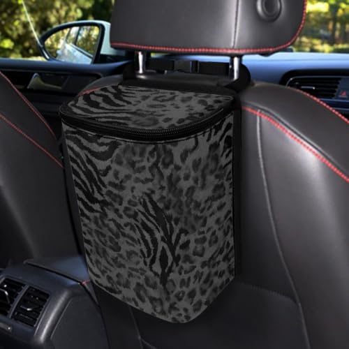 Image of Black Leopard Car Trash Can, Waterproof Car Garbage Can with Lid and Zip Clouse, Leak Proof Portable Car Trash Bag Hanging Vehicle Organizer