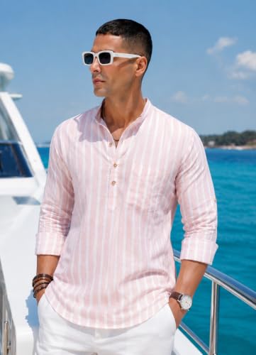 Image of Majestic Man Men's Pure Cotton Striped Mandarin Collar Regular Fit Roll-Up Sleeves Short Kurta