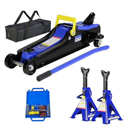 2 Ton Low Floor Jack and Jack Stand Kits, Include 3 Ton Y-Stand, Repair Kit, Steel Hydraulic Trolley Racing Floor Jack w/Piston Quick Lift Pump, Blue