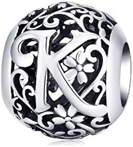 Shining Charm Flower 925 Sterling Silver Initial Letter Charms for Bracelets Alphabet A-Z Round Bead Charm