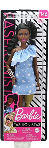 Barbie GYG09 - Fashionistas Puppe 146 (schwarzhaarig) mit Beinprothese, 2 gedrehten Zöpfen und Kleid mit Sternenmuster… – Bild 7