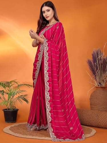 Image of Womens Crunchy Saree With Stone And Zari Work And Scalloped Cut Work On The Border With Blouse 5.5 Meter Saree 0.8 Meter Unstitched Blouse Piece
