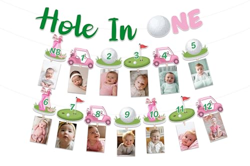 Golf Theme First Birthday Photo Banner Hole In One Banner Sports Theme Golf Ball Hanging Photo Decor Newborn To 12 Months Monthly Picture Display Decoration Kit For Girls First Birthday Supplies