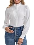 MISMI Women's Lace Crochet Mock Neck Long Sleeve Button Down Elegant Blouse Shirt Fall Top White X-Large