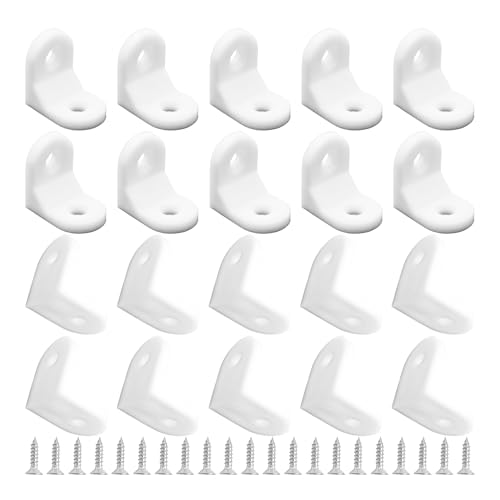 Virello 20Pcs 23x23mm Plastic L Bracket Corner Braces, Right Angle Furniture Support Bracket for Shelves, Cabinets, Drawers and DIY Wood Projects(White)