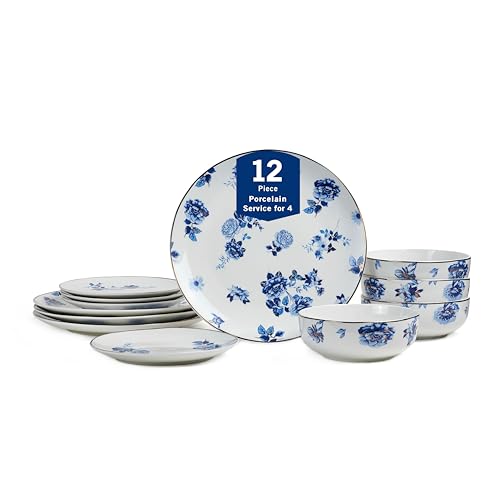 Stone Lain Viola 12-Piece Dinnerware Set Porcelain, Plates and Bowls Set, Dish Set for 4, Microwave and dishwasher Safe, Blue