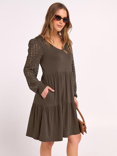 ANRABESS Dresses for Women Casual Lace Long Sleeve V Neck Tiered Swing Flowy Loose A-line Mini Short 2025 Fall Vacation Dress4