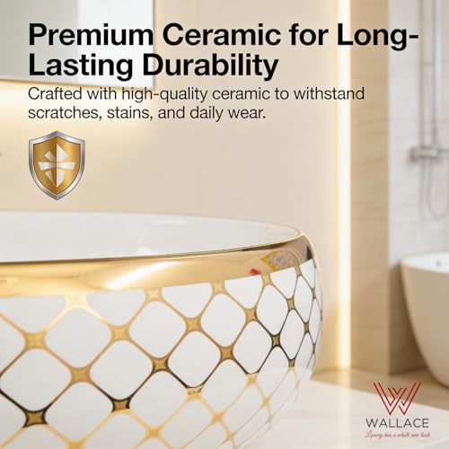Image of Wallace Premium Countertop Wash Basin 60x40x15 cm | Oval Ceramic Table Top Sink | White & Gold Finish | Glossy Designer Bathroom Vanity Wash Bowl | Modern Luxury Above Counter Basin
