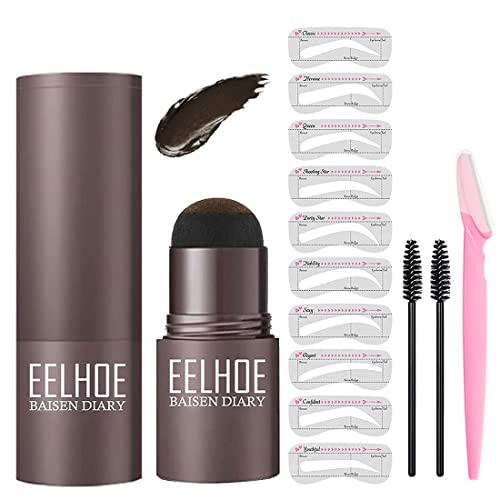 eyebrow stamp kit- Easy Way To Get Perfect Eyebrows In Minutes,Waterproof, 【14-in-1】Eyebrow Stamp *1; Eyebrow Stencil *10; Eyebrow Brush *2;Eyebrow Razor *1 Dark Brown #A555