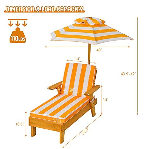 Costzon Kids Chaise Lounge, Wood Patio Chair W/Cushion & Umbrella, Detachable & Height Adjustable, Recliner For Beach Lawn Outdoor, Children Furniture Gift For Boy Girl 3-8 Year Old, Kids Beach Chair #TOP6