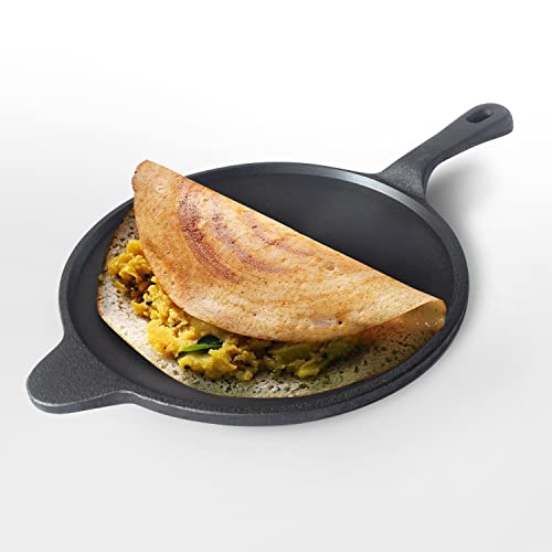 Image of Kichera 10Inch Pre Seasoned Cast Iron Dosa Tawa /Pan with a Long Handle - 1.8kg Weight, Natural Non-Stick Surface | Induction Friendly | Ideal for Dosa, Roti, Chapathi and More