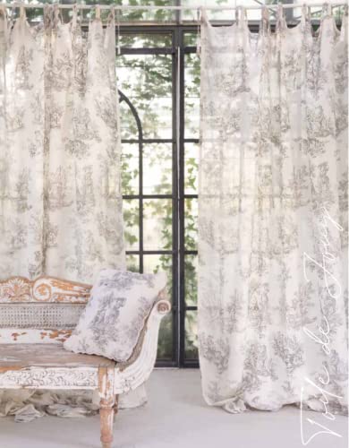 Blanc Mariclo - Rideau en Coton Toile de Jouy Beige à nouettes 180 x 300 cm