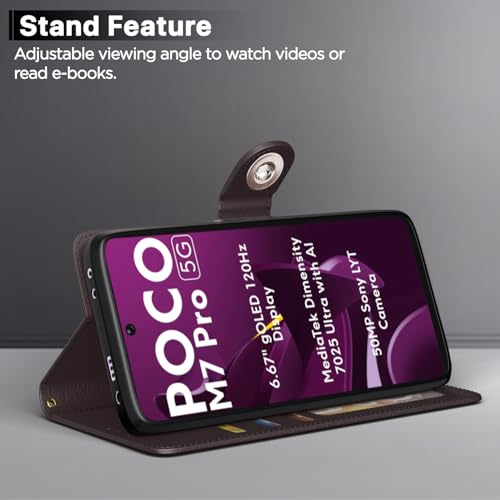 Image of Pikkme Flip Cover Leather Finish | Inside TPU with Card Pockets | Wallet Stand and Shock Proof | Complete Protection Button Flip Case for Poco M7 Pro 5G(Coffee)