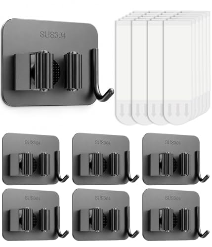 6Pcs Broom Holder Wall Mount With Hooks, Damage-Free Broom And Mop Organizer Wall Hanging, Heavy Duty Self Adhesive Broom Hanger Clips Storage Rack For Garden, Laundry Room Tools, SUS 304, Matte Black