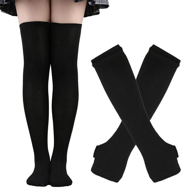 Image of SherryDC Womens Girls Cosplay Rainbow Striped Knee High Socks Leg Arm Warmer Fingerless Gloves Set