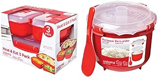 Sistema Heat & Eat Microwave Containers | Stackable Lunch Boxes with Clip-Close Lids | Red/Clear | Pack of 3 & Microwave Rice Cooker | 2.6 L | Dishwasher Safe Small Rice Cooker | BPA-Free | Red