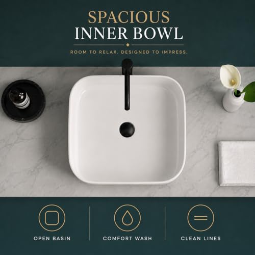 Image of QUALITO White Table Top Wash Basin for Bathroom, Living Room, Hall, Dinning Room | Countertop /Over Counter Ceramic Vessel Sink /Basin | Glossy Finish Table Top Wash Basin (White, 16x16x5 Inch)