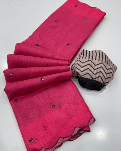 Image of Linen Cotton Saree with Black Mirror Work | New